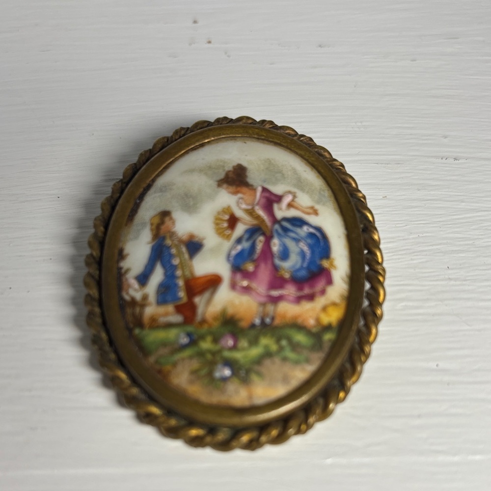 Vintage Brooch with Painted Scene